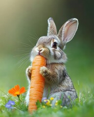 Wall Mural - A cute rabbit holding a large carrot amidst colorful flowers in a grassy field.