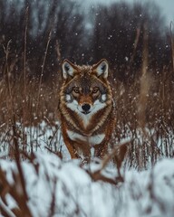 Wall Mural - A coyote walking through a snowy landscape with tall grass and falling snow.