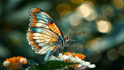 Poster - Vibrant butterfly resting on colorful flowers, showcasing intricate wings and delicate patterns, with soft bokeh background that enhances beauty of nature and flora in garden.