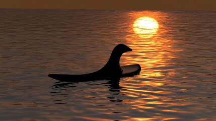 Wall Mural - A silhouette of an animal on a surfboard against a sunset over calm waters.