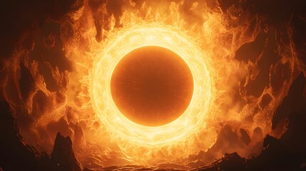 Poster - Solar eclipse phenomenon over lava landscape digital art creation fiery atmosphere dramatic perspective cosmic concept