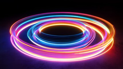 Poster - Dynamic light trails in a dark studio abstract art installation colorful circular motion vibrant and energetic atmosphere