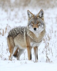 Wall Mural - A coyote stands in a snowy landscape, showcasing its natural habitat and beauty.