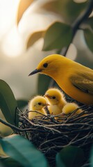 Wall Mural - A vibrant yellow bird cares for its fluffy chicks in a cozy nest surrounded by foliage.