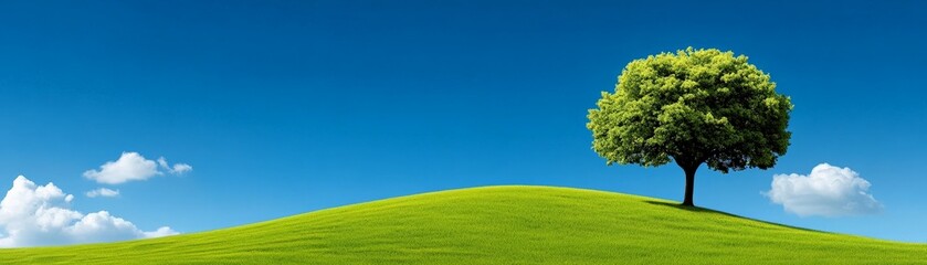 Wall Mural - Solitary Tree on a Hill: A single, lush green tree stands proudly atop a gentle, rolling hill against a vibrant blue sky dotted with fluffy white clouds, evoking a sense of peace and serenity.