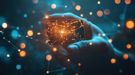 Poster - Hand Holding a Glowing Digital Cube Network Futuristic Technology Concept Abstract Art