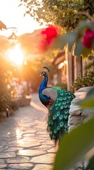 Wall Mural - A peacock stands gracefully along a sunlit pathway, surrounded by lush greenery and flowers.