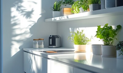 Poster - Contemporary Kitchen Interior with White Counters and Neatly Arranged Shelves