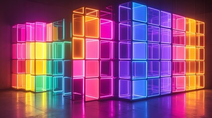 Wall Mural - Vibrant neon light installation modern art space digital artwork indoor gallery contemporary viewpoint visual experience