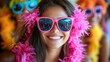 © melvilsky - Smiling woman wearing colorful sunglasses and a floral necklace at a lively summer party celebration