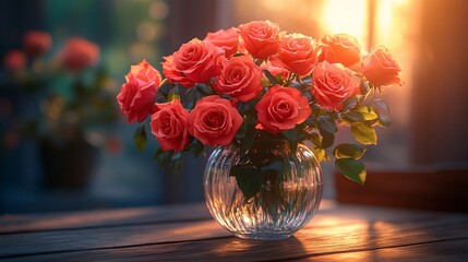 Wall Mural - A bouquet of red roses in a glass vase at sunset