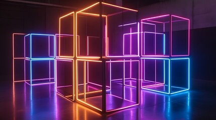 Poster - Dynamic neon cube installations modern art gallery digital display urban environment artistic perspective visual innovation