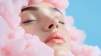 Wall Mural - Woman is sleeping in a cloud of pink