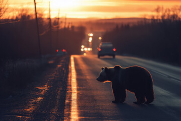 Wall Mural - A bear stands on a road at sunset, with cars in the background creating a serene atmosphere.