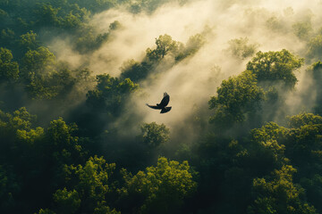 Wall Mural - A bird soars above a misty forest, capturing the tranquility of nature.