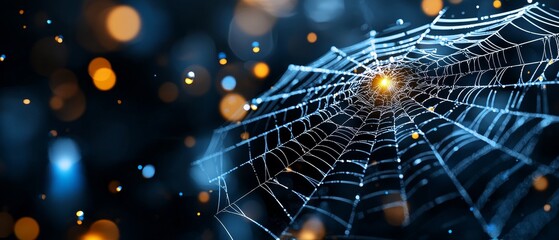 Intricate Spiderweb with Dewdrops at Night Illuminated by Bokeh Lights