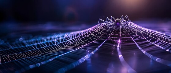 Intricate Spiderweb with Spider at Night Illuminated with Purple and Blue Light Macro Photography