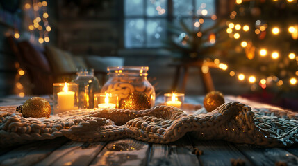 Wall Mural - A serene and rustic holiday dinner table featuring a chunky knitted table throw, handmade knit ornaments as table decorations, and softly glowing tea lights in glass jars.