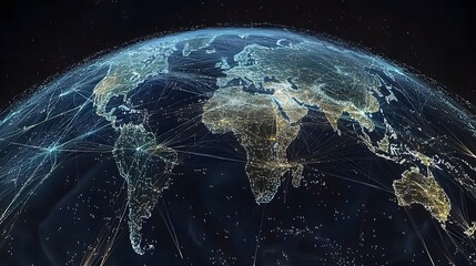 Poster - digital globe with interconnected data network for global data analysis business intelligence and wo