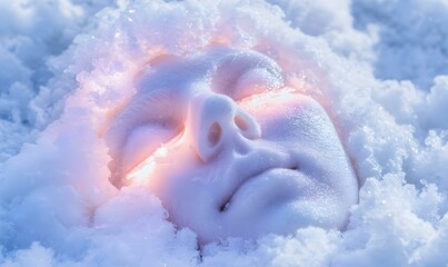 Poster - Colorful Illuminated Snow Face Sculpture, a striking winter art piece radiating vibrant hues against a frosty backdrop, captivating and enchanting.