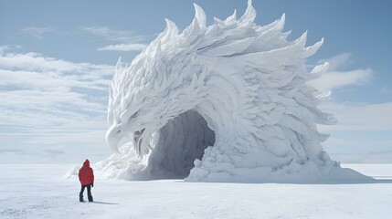 Poster - Snow Phoenix Sculpture, an intricate ice masterpiece soaring upward, adorned with delicate frost patterns, exuding ethereal beauty and wonder.