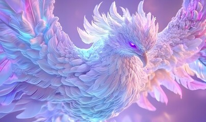 Poster - Majestic Snow Phoenix, an intricate ice sculpture depicting a phoenix in flight, radiating ethereal light against a winter backdrop.