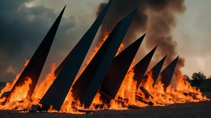 Wall Mural - intense flames engulf sharp structures, creating a dramatic and chaotic atmosphere of destruction an