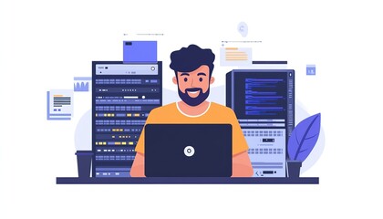Poster - Programmer or Computer Engineer working on a laptop with server room, IT, technology and database. Concept of digital technology, IT support, telecommunications and IT security, HD image