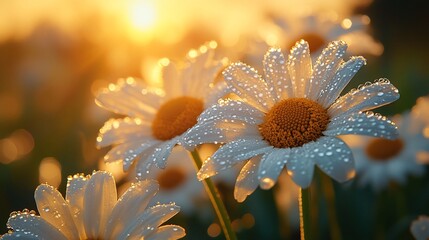 Wall Mural - Dew Drops Adorn Daisies In Golden Sunrise Light