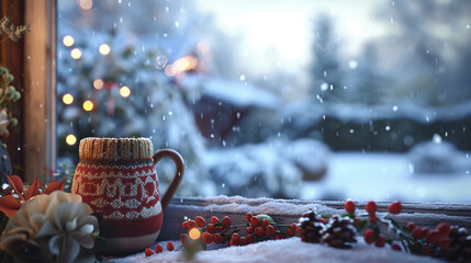 Wall Mural - A snow-covered windowsill adorned with a knitted tea cozy and a mug wrapped in a knit sleeve, with a blurred snowy garden visible in the background.