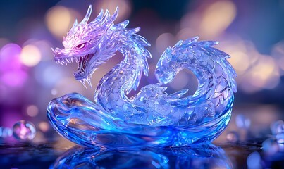 Poster - Ice dragon sculpture illuminated by vibrant light projections, showcasing intricate details and a captivating atmosphere, enchanting viewers with its magical presence.