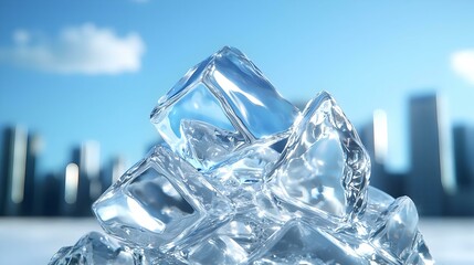 Poster - Cityscape Ice Sculpture, a stunning ice creation mirrors the vibrant urban landscape, capturing intricate details of the surrounding architecture.