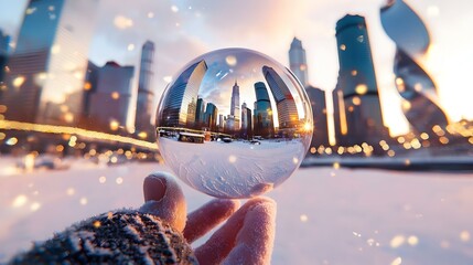 Poster - City Reflections, an intricate ice sculpture mirrors the skyline, capturing the essence of urban life in its crystalline form.