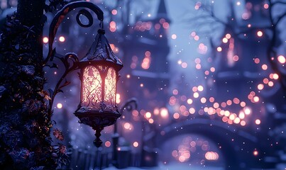 Aufkleber - Winter Enchantment, vibrant sculptures bring to life the magic of winter tales, glowing softly in a serene, snowy landscape.