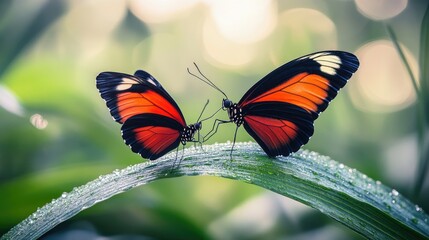 Wall Mural - Two vibrant butterflies perched on a dew-covered leaf in a lush environment.