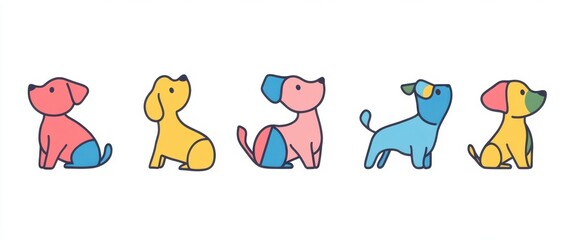 A set of cute dogs in various poses, drawn with simple lines and shapes The dogs should have different colors like pinks, yellows, blues, reds, or greens to make them stand out Generative AI