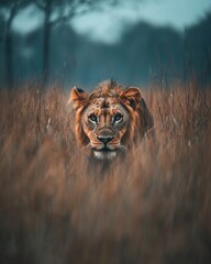 Wall Mural - A lion crouches in tall grass, showcasing its fierce gaze in a natural habitat.