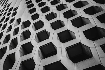 Wall Mural - Geometric concrete facade, honeycomb pattern, dark windows.