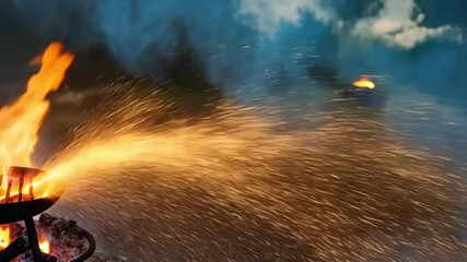 Wall Mural - flames erupting amidst swirling smoke create a dramatic, intense scene capturing nature's powerful e