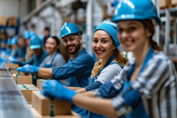 Wall Mural - Smiling group of factory workers packaging a product in factory