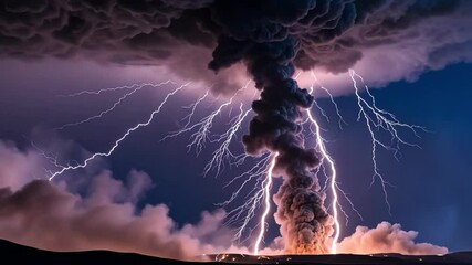 Wall Mural - volcanic eruption displays lightning amidst dark storm clouds, creating a dramatic and intense natur