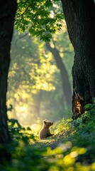 Wall Mural - A serene forest scene featuring a young bear amidst lush greenery and soft sunlight.