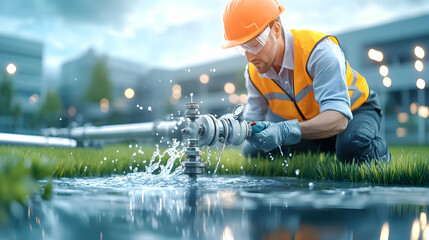 A faulty water meter spraying water, with a technician in a safety vest adjusting valves and inspecting the damage. Urban setting in the background