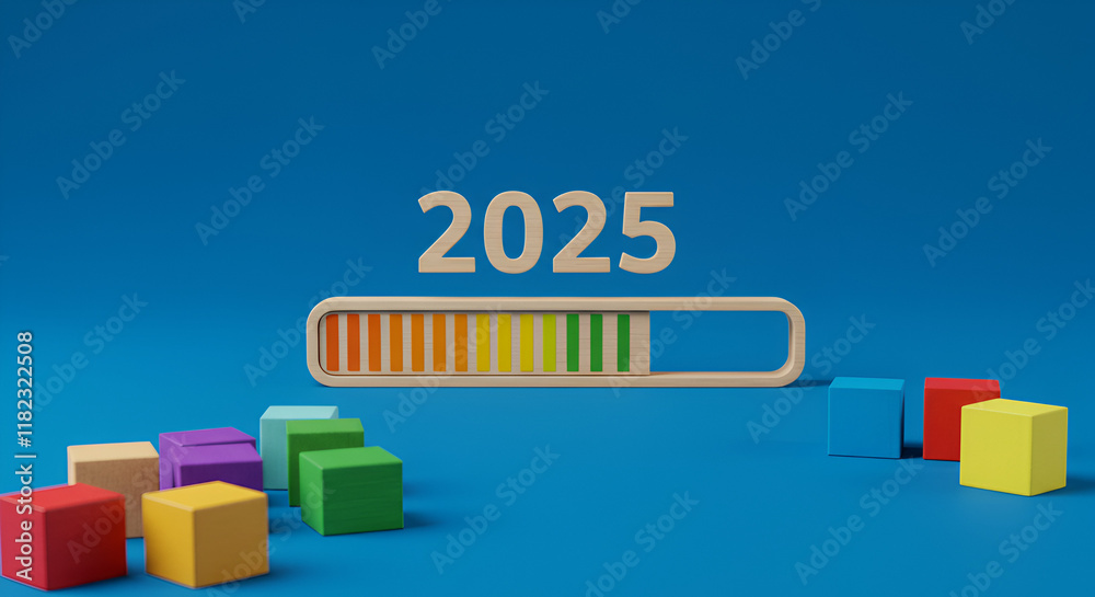 2025 New Year Loading. Loading bar with wooden blocks 2025 on blue ...