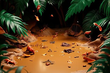 Wall Mural - A surreal jungle scene with a muddy pool surrounded by lush foliage and scattered debris.