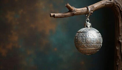 Hang of intricate silver ball from wooden beam, branch, ornament, adornment