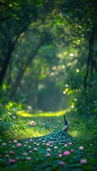 Wall Mural - A peacock walks along a serene, flower-strewn path in a lush, green forest.