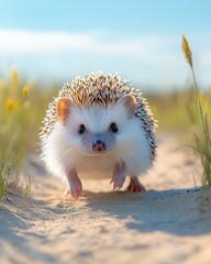 Wall Mural - A cute hedgehog walking on a sandy path in a natural setting.