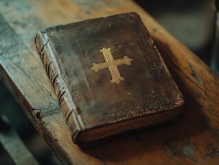 Poster - Weathered Leather-Bound Book with Golden Cross on Wooden Table in Soft Light