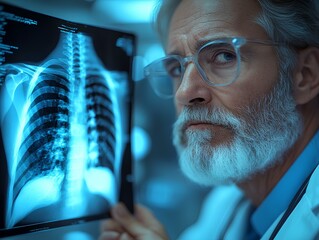 Poster - A senior male doctor, wearing a white lab coat and glasses, is seen holding a laptop in one hand with the other hand placed on the laptop's screen. He is standing in front of a desk and the laptop is 